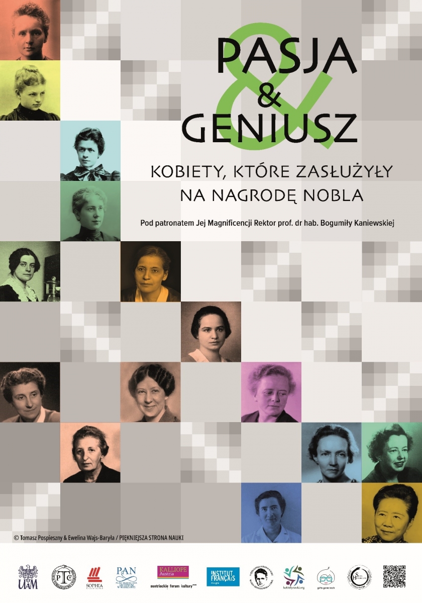 plakat promujący wystawę, Pasja & geniusz. Kobiety, które zasłużyły na Nagrodę Nobla